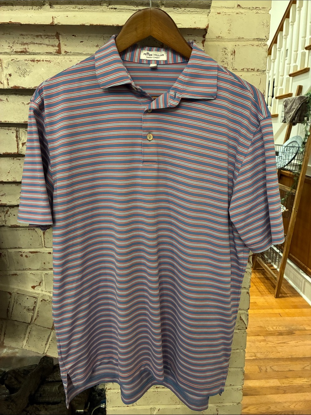 Peter Millar Pink and Blue Striped Polo Shirt Size M